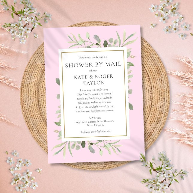 Invitation Baby Shower Rose Fille Par La Poste à Longue Dista (Pink Baby Shower By Mail Long Distance Greenery Invitation)