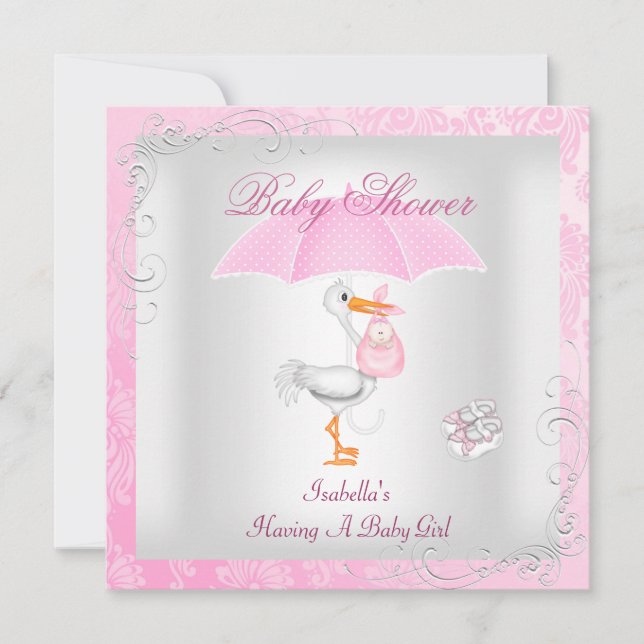 Invitation Baby shower rose Fille Parapluie Damask (Devant)