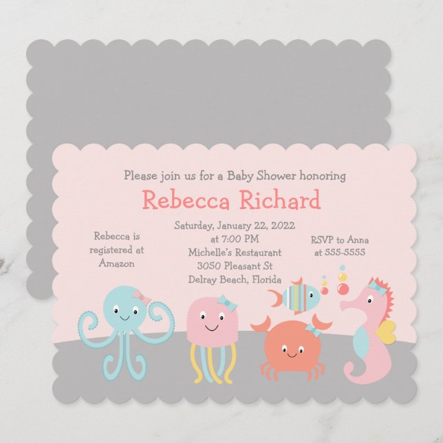 Invitation Baby shower rose Fille Sea Life (Devant / Derrière)