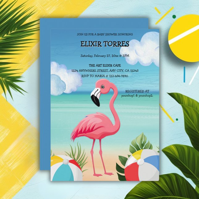 Invitation Baby Shower Rose Flamant de Plage d'Été (Créateur téléchargé)