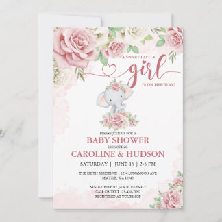 Invitation Baby shower rose Fleur Eléphante Rose Bleu