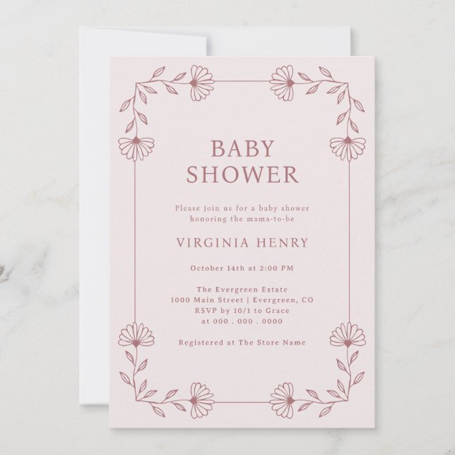 Invitation Baby Shower Rose Fleurie (Devant)