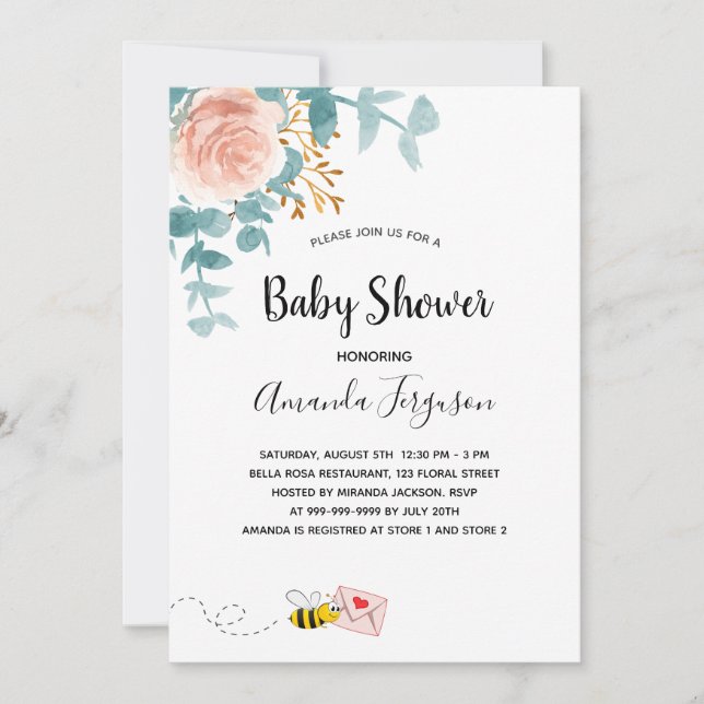 Invitation Baby shower rose fleurie verdure mignonne maman à  (Devant)