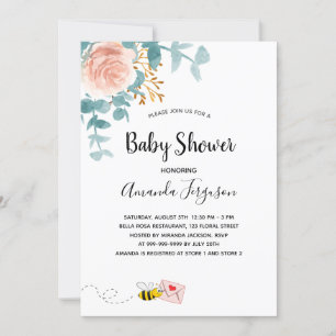 Invitation Baby shower rose fleurie verdure mignonne maman à 