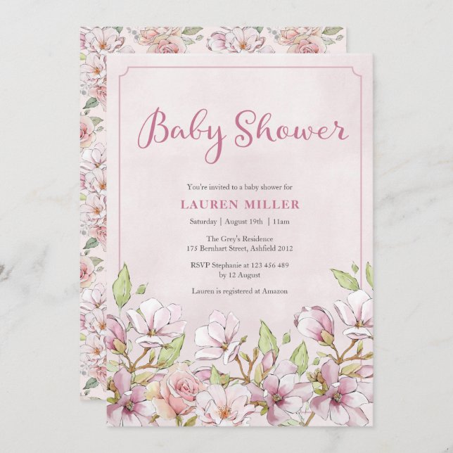 Invitation Baby shower rose Floral (Devant / Derrière)