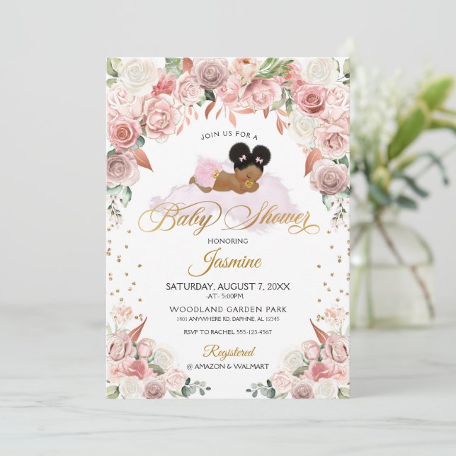 Invitation Baby shower rose Floral (Debout devant)