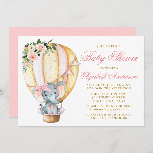 Invitation Baby shower rose floral à bulle d'éléphant de fond (Devant / Derrière)