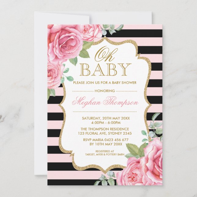 Invitation Baby shower rose floral de fille d'or noir rose (Devant)