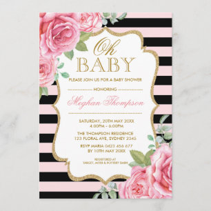 Invitation Baby shower rose floral de fille d'or noir rose
