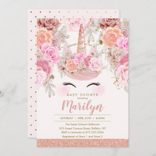 Invitation Baby shower rose floral de licorne de parties