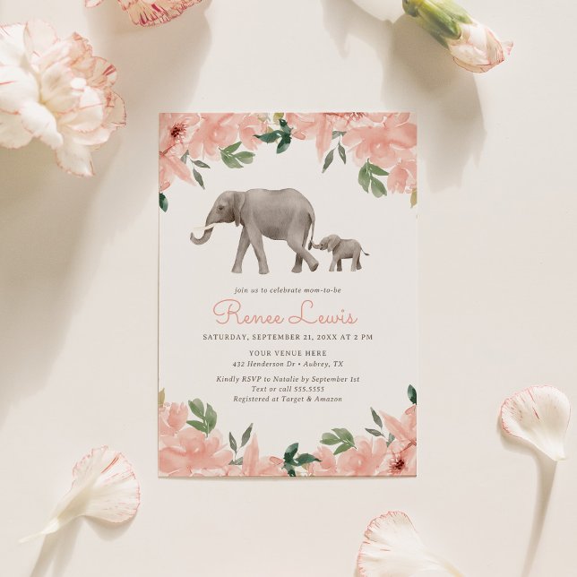 Invitation Baby shower rose floral Eléphant fille (Créateur téléchargé)