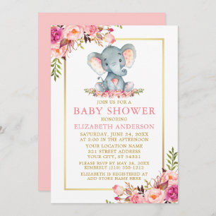 Invitation Baby shower rose Floral Eléphant Gold Frame