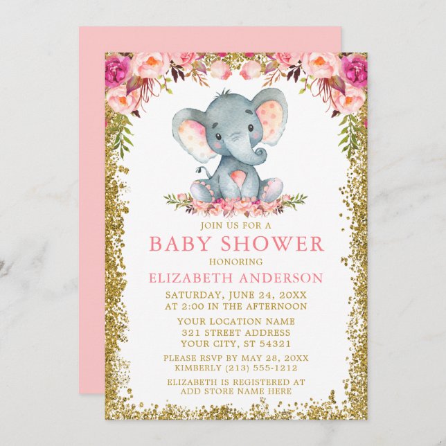 Invitation Baby shower rose Floral Eléphant Parties scintilla (Devant / Derrière)