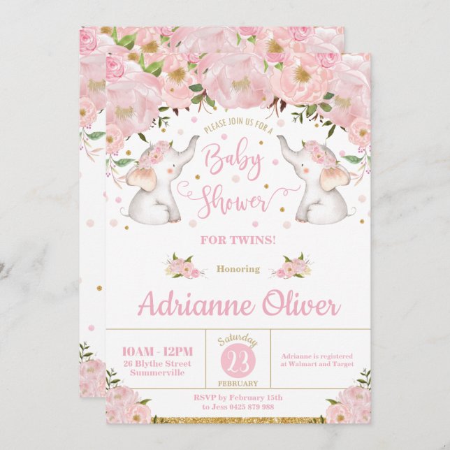 Invitation Baby shower rose Floral Eléphant Twin Girls (Devant / Derrière)