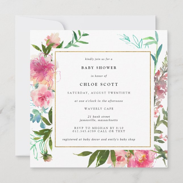 Invitation Baby shower rose floral et or élégant (Devant)