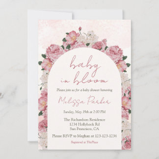Invitation Baby shower rose floral fille bébé en fleur