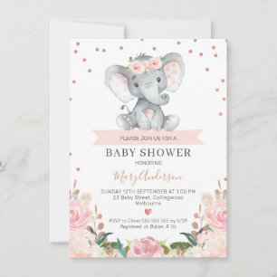 Invitation Baby shower rose Floral Girl Elephant
