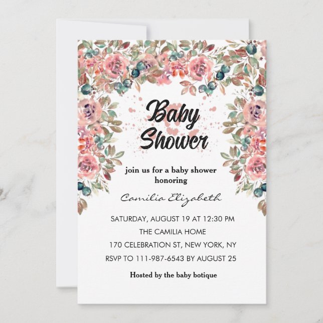 Invitation Baby shower rose Floral Joli Aquarelle Fleurs (Devant)