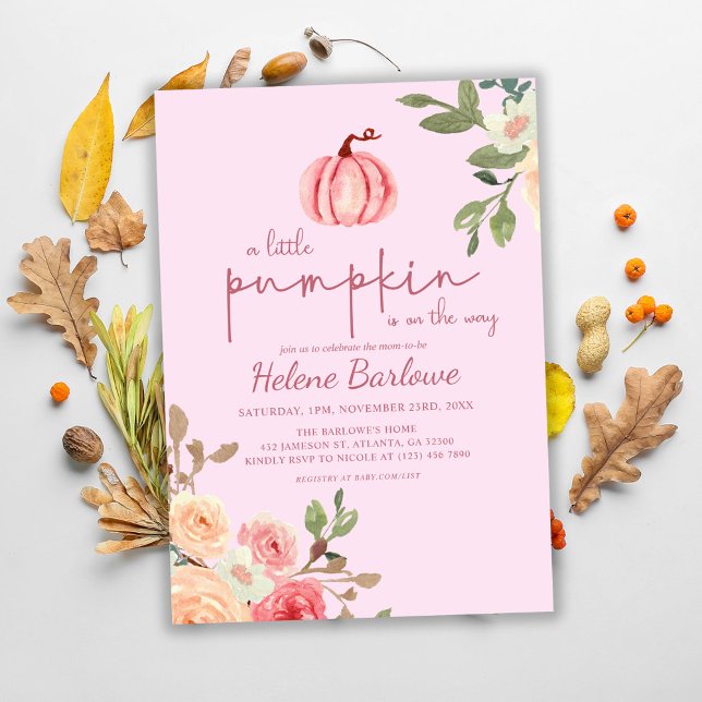 Invitation Baby shower rose Floral Little Citrouil (Pink Floral Little Pumpkin Baby Shower Invitation)