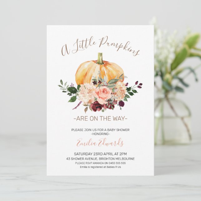 Invitation Baby shower rose Floral Little Citrouil (Debout devant)