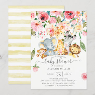 Invitation Baby shower rose floral neutre Safari Animaux