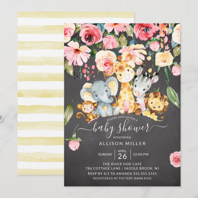 Invitation Baby shower rose floral neutre Safari Animaux (Devant / Derrière)