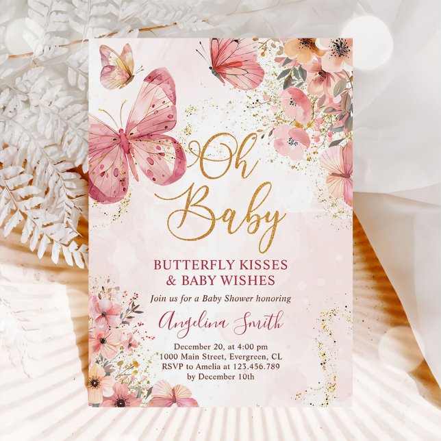 Invitation Baby shower rose floral papillon fille (Créateur téléchargé)