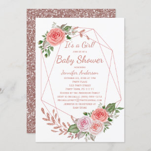 Invitation Baby shower rose floral rose de fille d'or