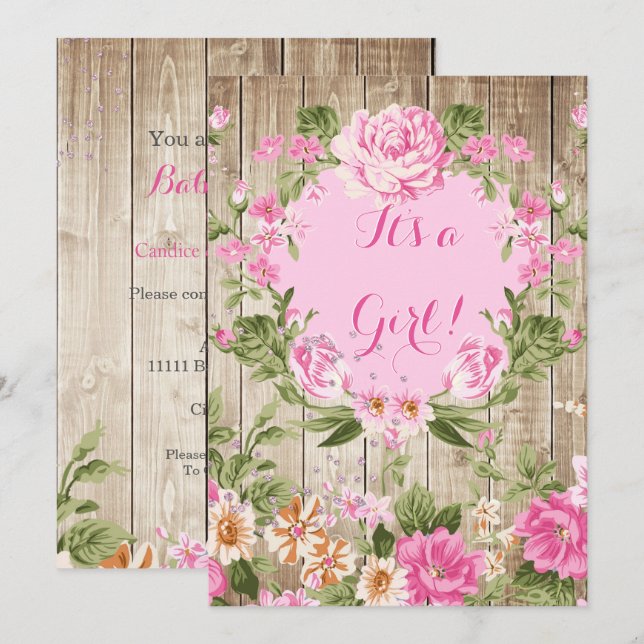 Invitation Baby Shower Rose Floral Rustique Bois Fille (Devant / Derrière)