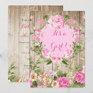 Invitation Baby Shower Rose Floral Rustique Bois Fille