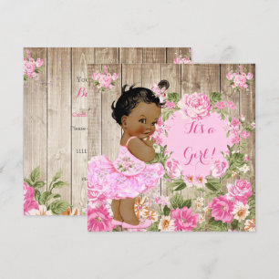 Invitation Baby Shower Rose Floral Rustique Bois Fille Ethniq