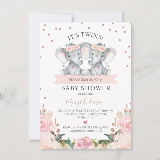Invitation Baby shower rose Floral Twin Girls Elephants (Devant)