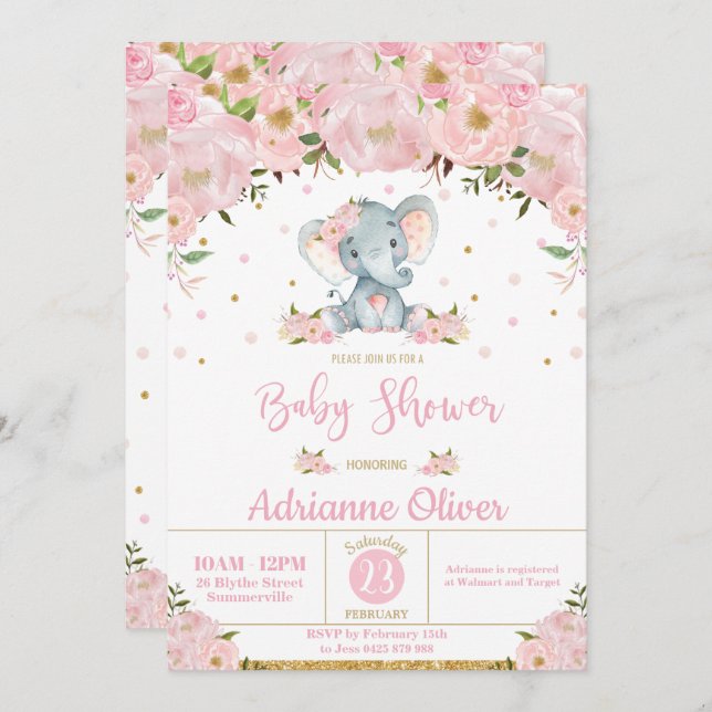 Invitation Baby shower rose floral Whimsical Elephant Girl (Devant / Derrière)
