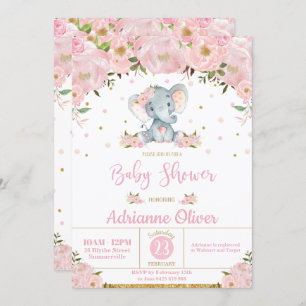 Invitation Baby shower rose floral Whimsical Elephant Girl