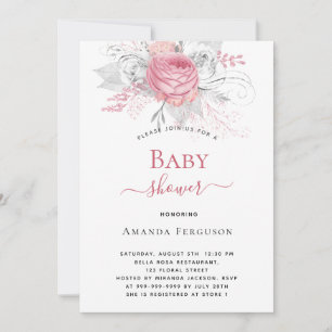 Invitation Baby shower rose floraux élégant argent blanc fill