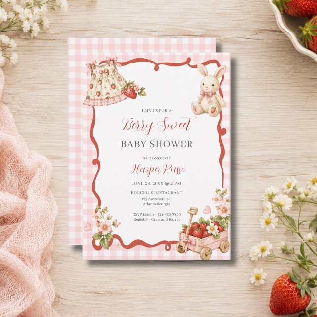Invitation Baby Shower Rose Gingham Fraise (Pink Gingham Strawberry Baby Shower Invitation)