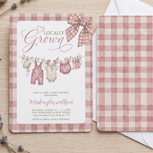 Invitation Baby Shower Rose Gingham Rustique Produit Local (Créateur téléchargé)