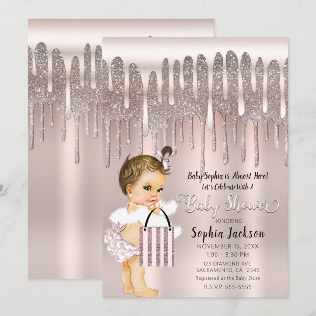 Invitation Baby Shower Rose Glacée Pailletée Diamant Rose Cla (Devant / Derrière)