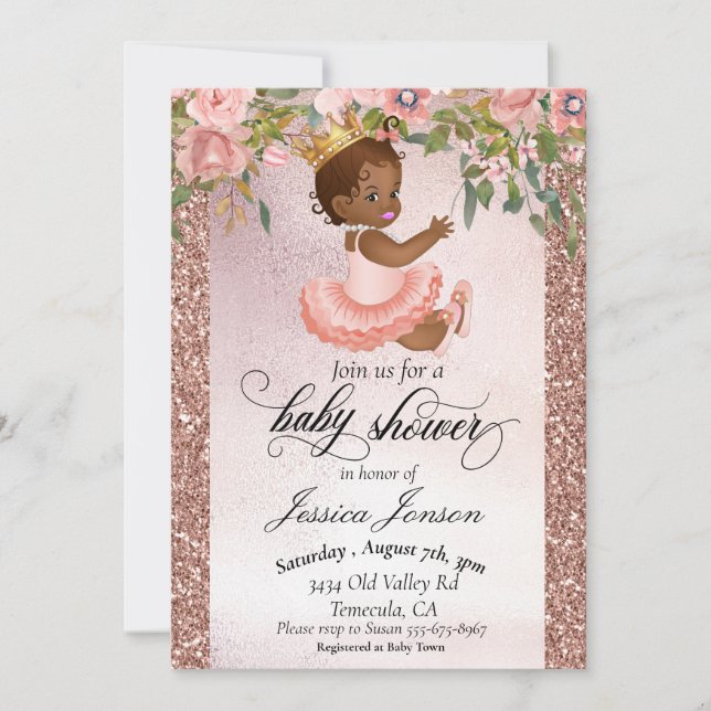 Invitation Baby Shower Rose Gold Afro-Américain  (Devant)