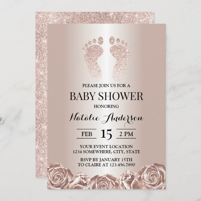 Invitation Baby shower Rose Gold Pieds bébé Floral moderne (Devant / Derrière)
