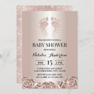Invitation Baby shower Rose Gold Pieds bébé Floral moderne