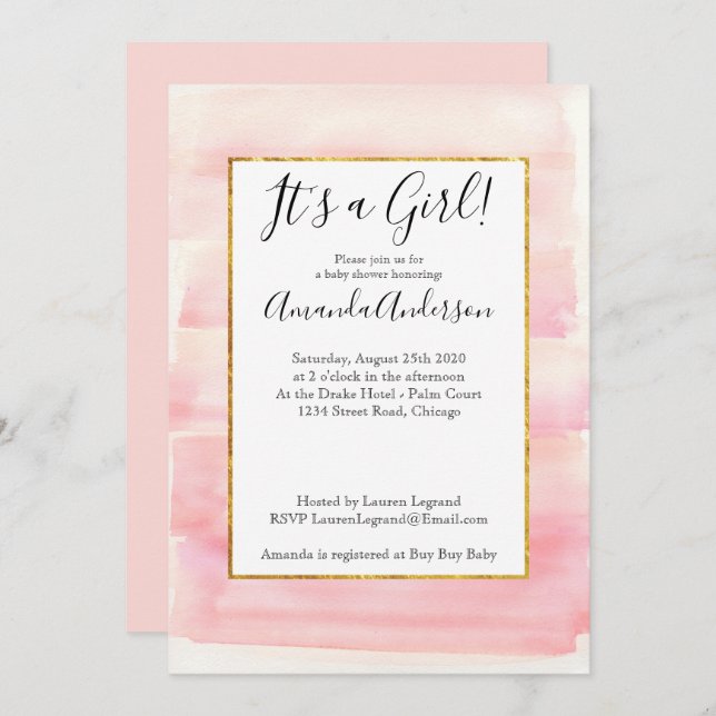 Invitation Baby shower rose Gold Pink Ombre Girly (Devant / Derrière)