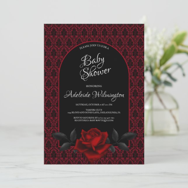 Invitation Baby shower Rose gothique foncé (Debout devant)