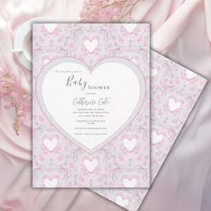 Invitation Baby Shower Rose & Gris Floral Fantaisiste Cœur