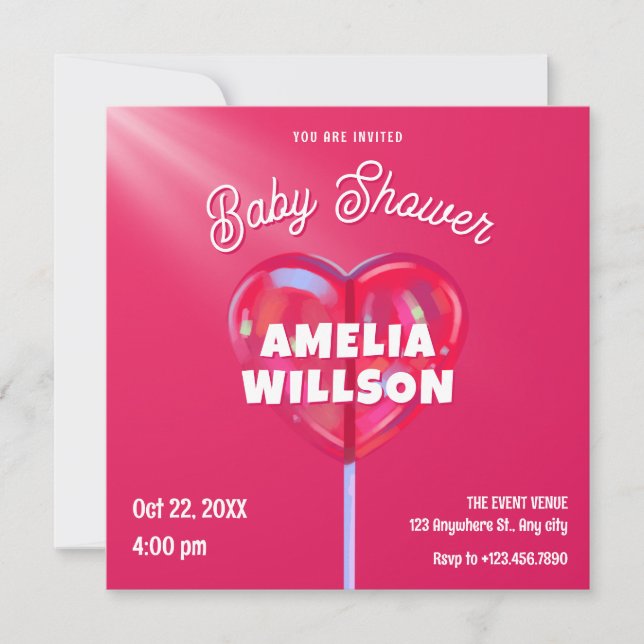 Invitation Baby shower rose holographique sucré (Devant)