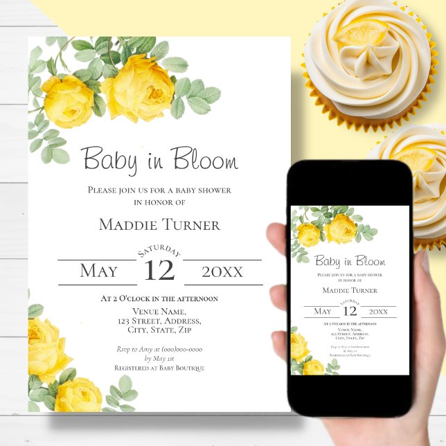Invitation Baby shower rose jaune (Créateur téléchargé)