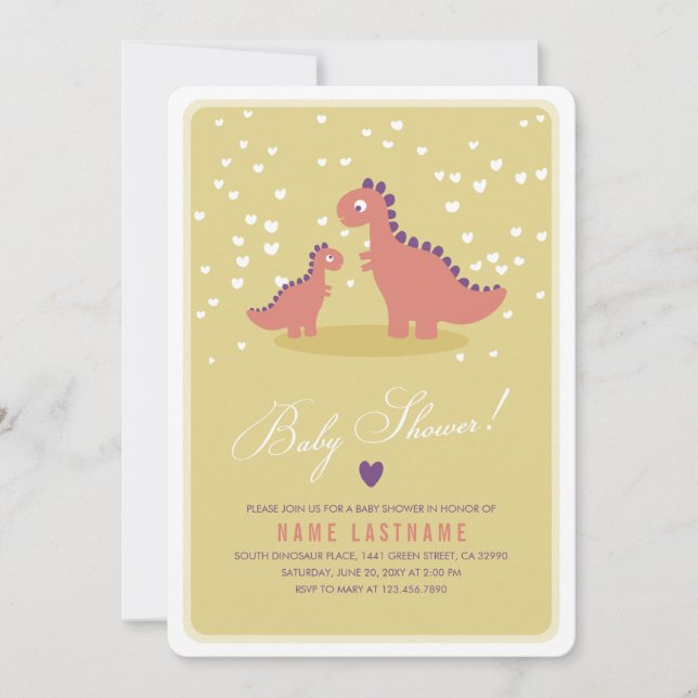 Invitation Baby shower rose jaune Dinosaur arrondi (Devant)