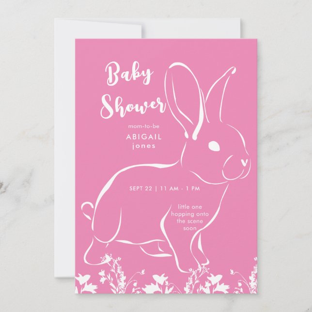 Invitation Baby shower rose lapin blanc (Devant)