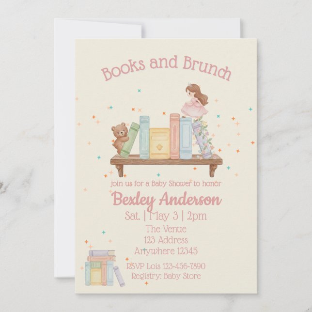 Invitation Baby-Shower Rose Livres & Brunch (Devant)