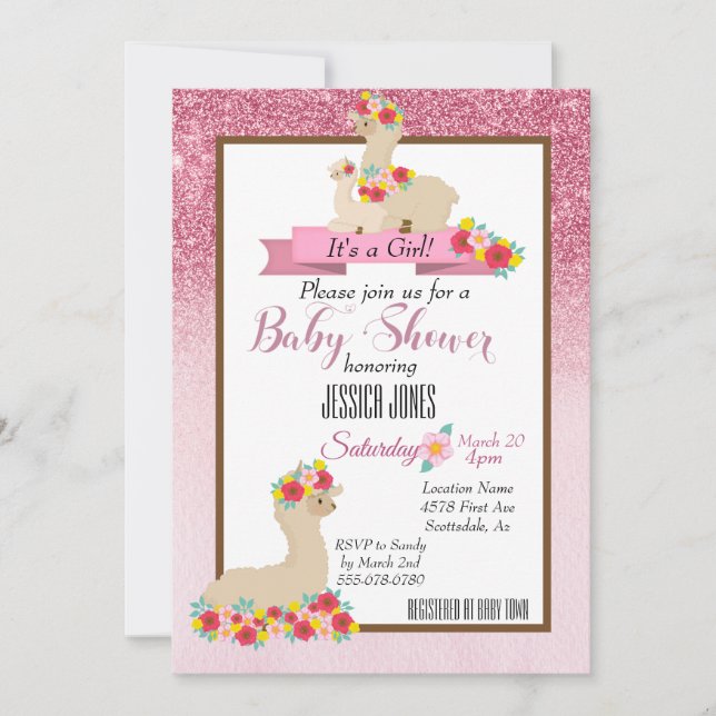 Invitation Baby shower rose Llama Mama Fleur Étincelle Invita (Devant)
